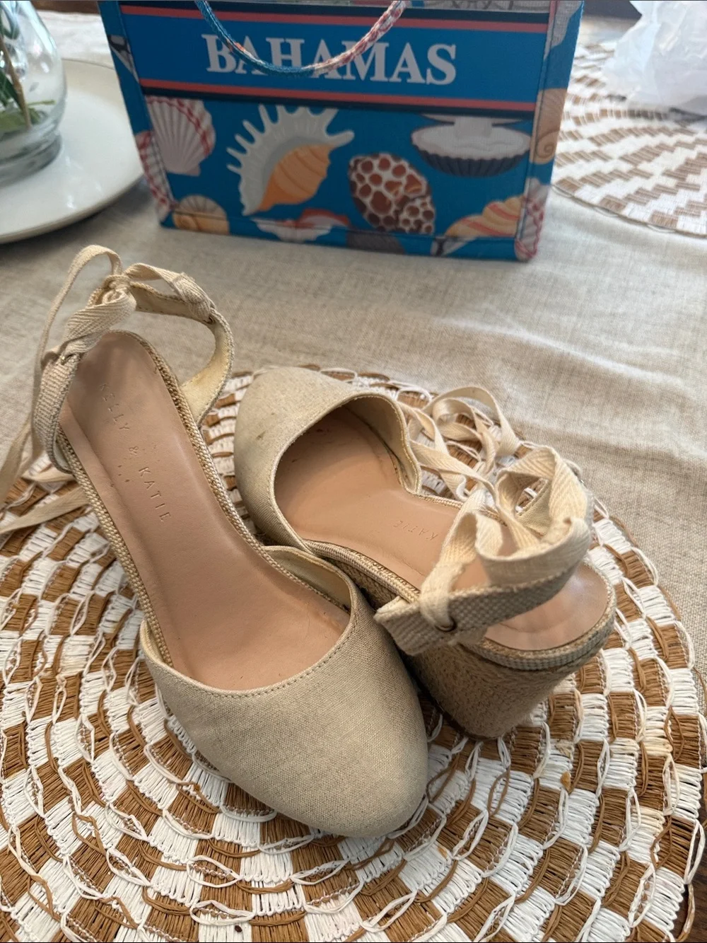 Kelly & Katie Beige Canvas Espadrille Wedges with Ankle Wrap